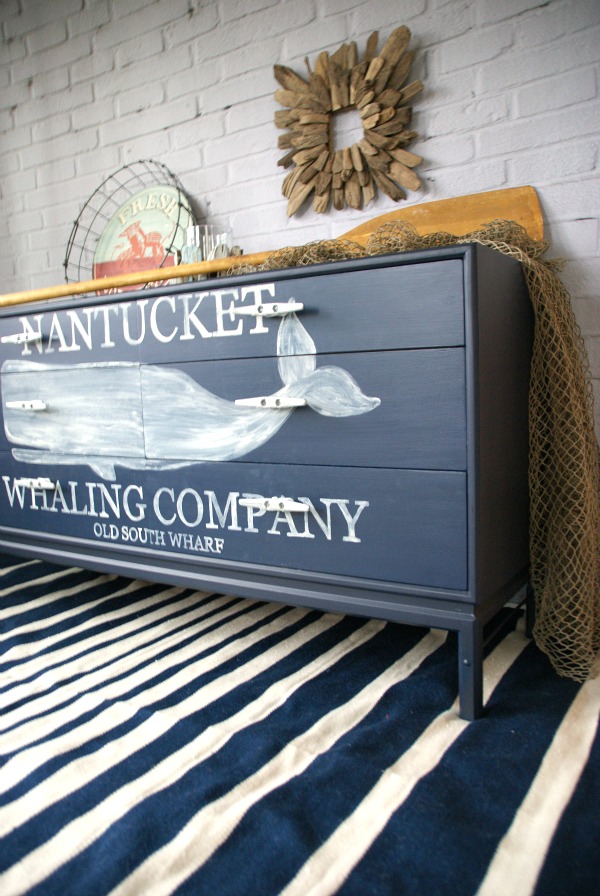 Nautical whale graphic dresser painted with Annie Sloan chalk paint http://canarystreetcrafts.com/